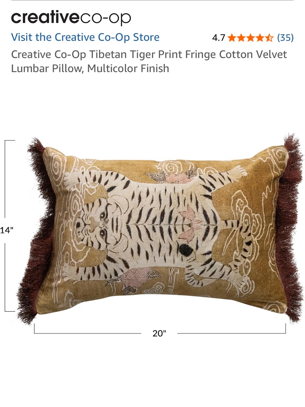 Creative Co-Op Tibetan Tiger Print Fringe Velvet Lumbar Pillow - Mustard & Ivory